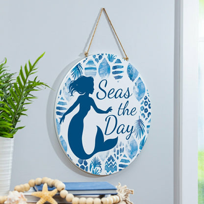 Blue Coastal Coral Sea Wood Door Décor, Mermaid "Seas The Day", 18" | Plow & Hearth