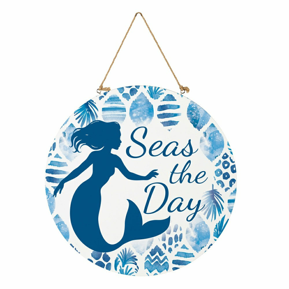 Blue Coastal Coral Sea Wood Door Décor, Mermaid "Seas The Day", 18" | Plow & Hearth