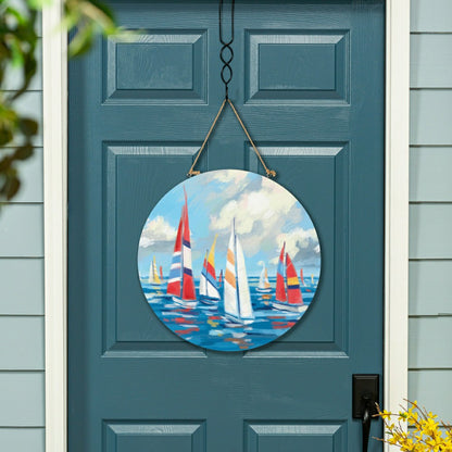 Blue Coastal Sailboats Wood Door Décor, 18" | Plow & Hearth