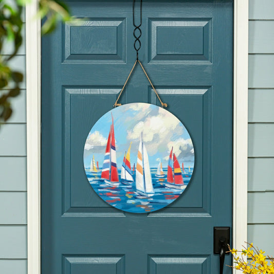 Blue Coastal Sailboats Wood Door Décor, 18" | Plow & Hearth