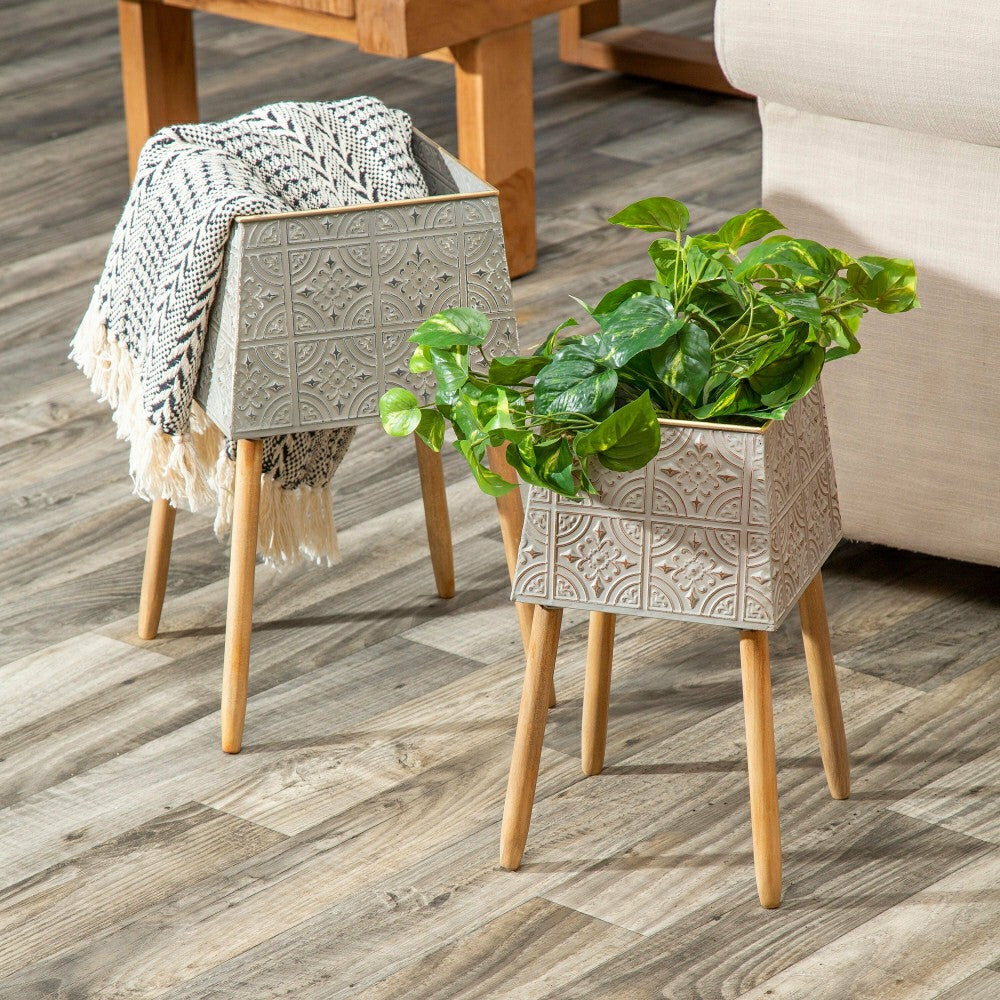 Stamped Metal Geometric Planter with Wooden Legs, Set of 2 | Plow & Hearth
