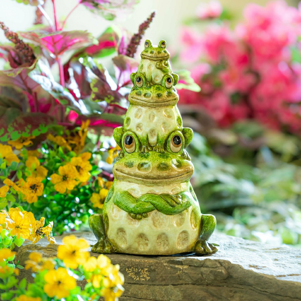 10"H, Pollinator Garden Ceramic Stacked Frog Garden Statue | Plow & Hearth
