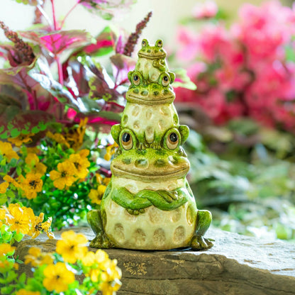 10"H, Pollinator Garden Ceramic Stacked Frog Garden Statue | Plow & Hearth