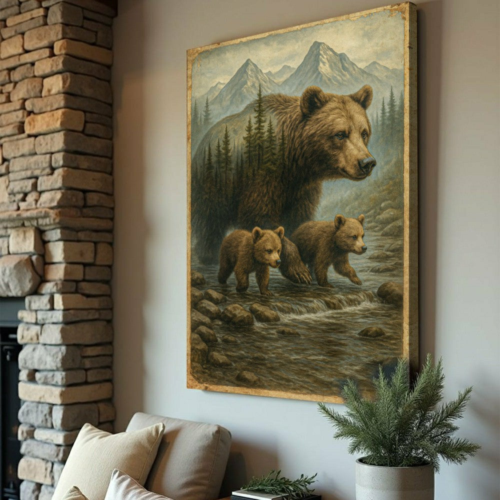 Mother Bear and Cubs Crossing Double Exposure Wall Art | Plow & Hearth