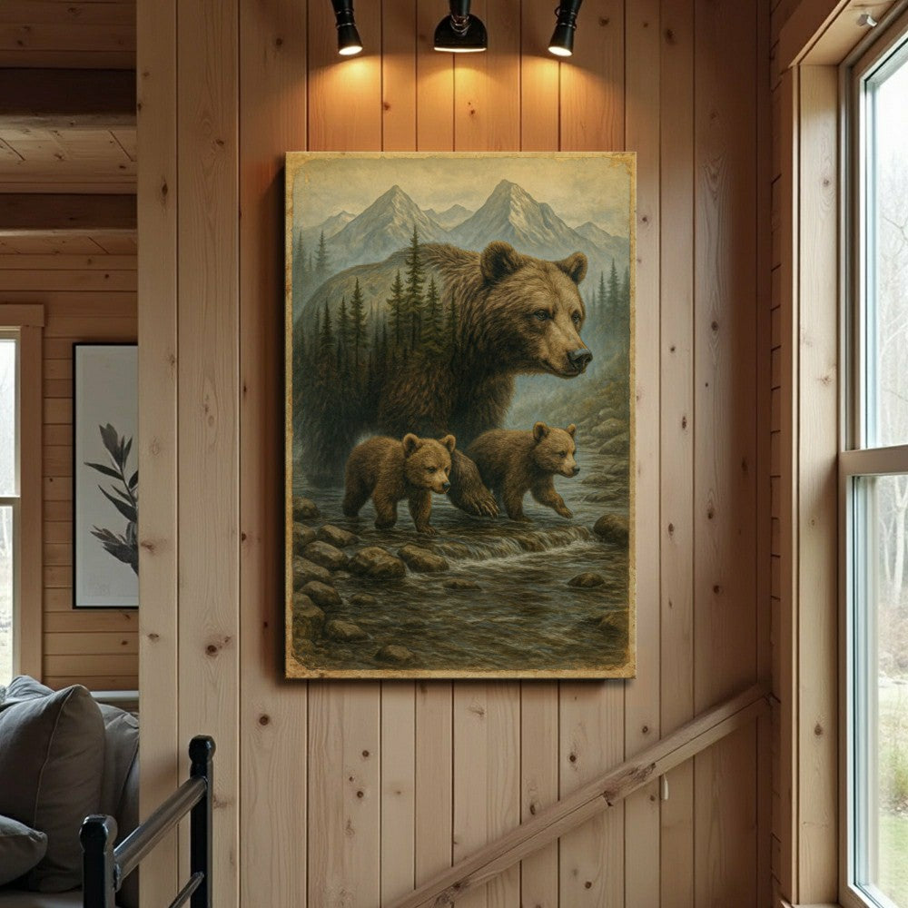 Mother Bear and Cubs Crossing Double Exposure Wall Art | Plow & Hearth