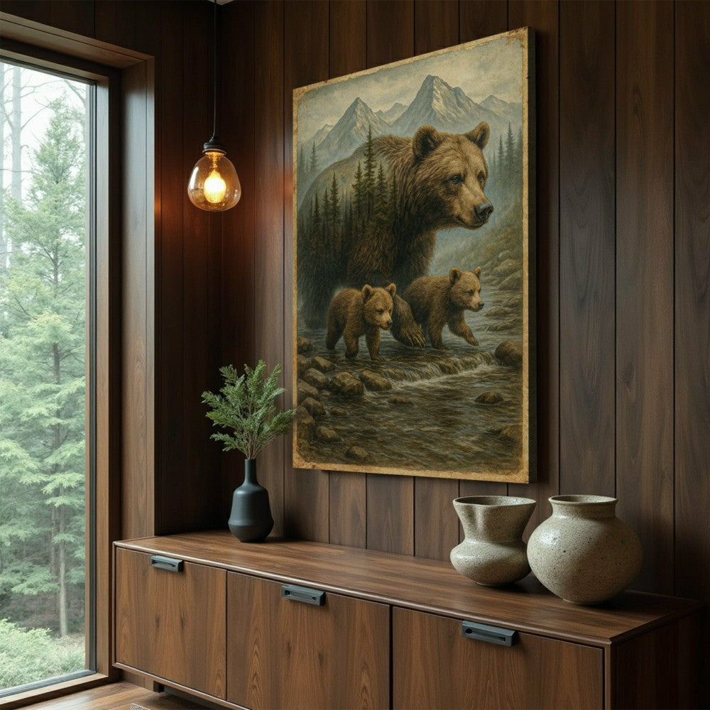 Mother Bear and Cubs Crossing Double Exposure Wall Art | Plow & Hearth