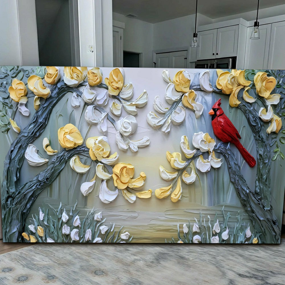 Golden Petals and Scarlet Wings Impasto Wall Art | Plow & Hearth