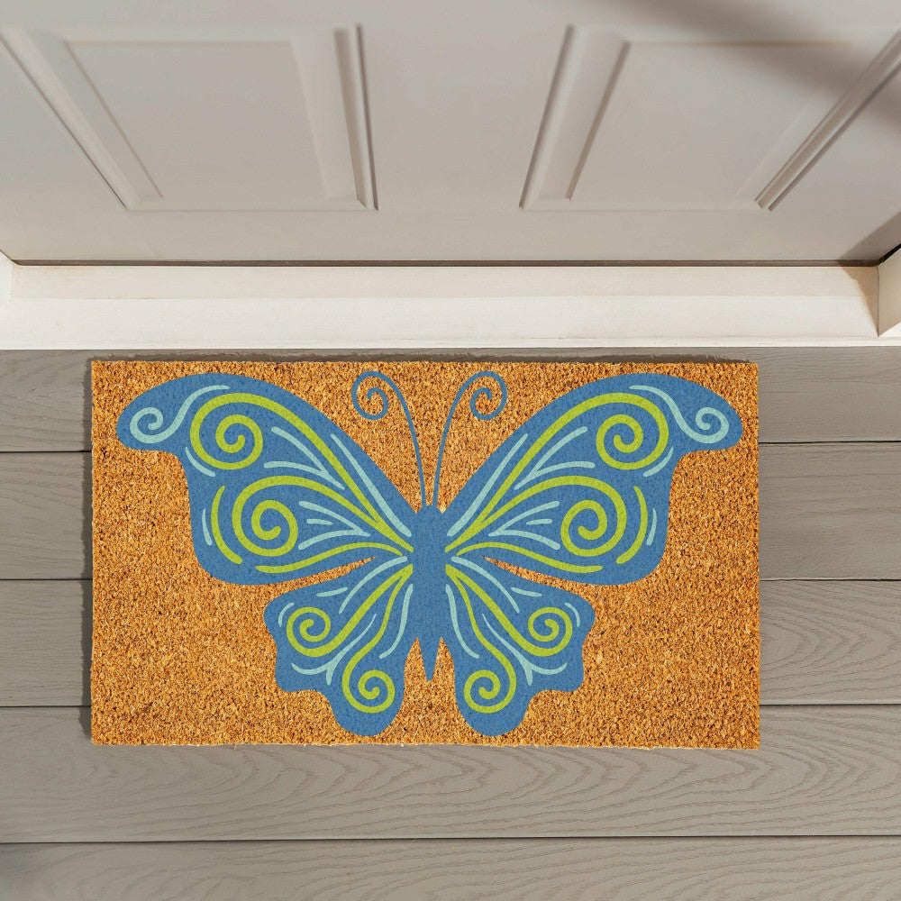 Welcome Mosaic Blue Butterfly Coir Mat | Plow & Hearth