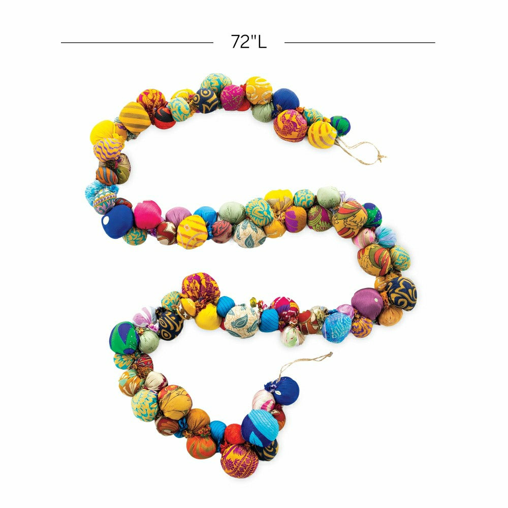 Sari Fabric Pom Pom 74" Handcrafted Mantle Garland | Plow & Hearth