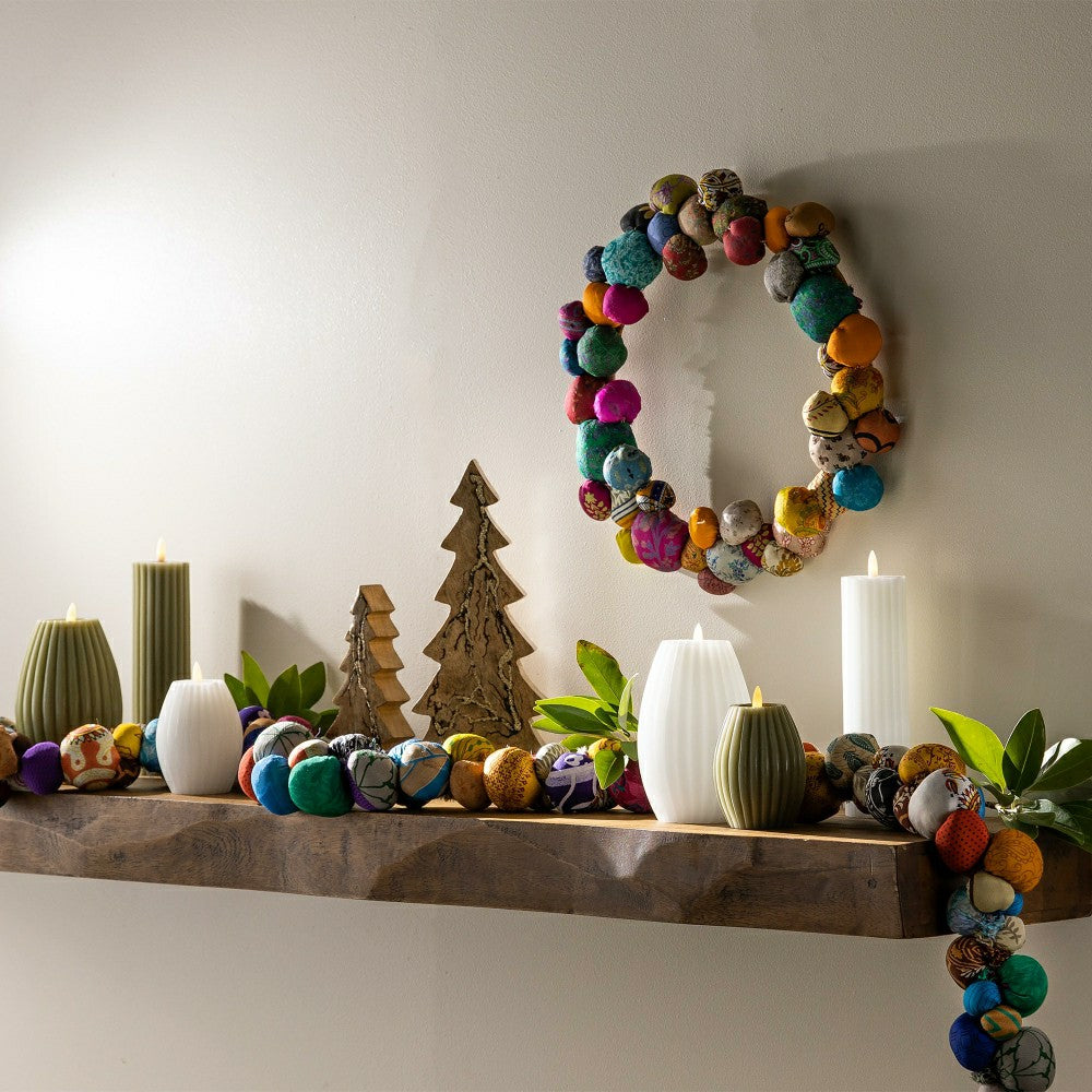 Sari Fabric Pom Pom 74" Handcrafted Mantle Garland | Plow & Hearth