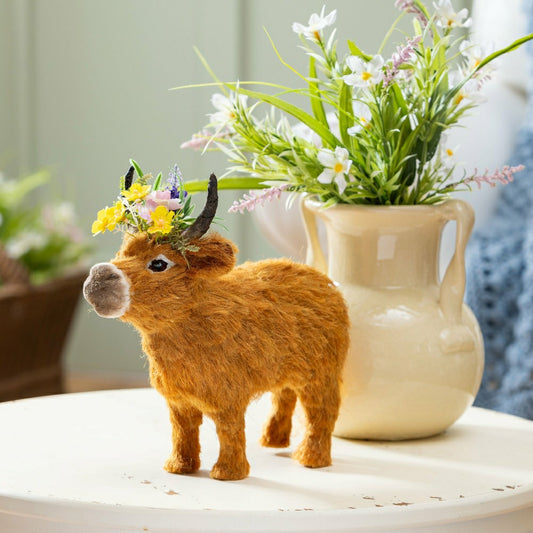 Petal & Plow Table Decor Natural Fiber Floral Highland Cow, 11.5"L | Plow & Hearth