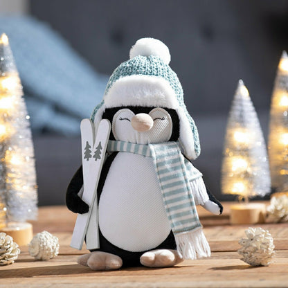 Season to Sparkle Table Decor Fabric Penguin with Skis, 12.5" | Plow & Hearth