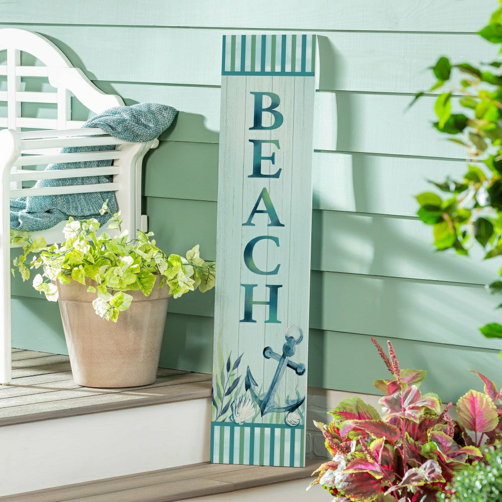 Blue Coastal Garden Decor, Porch Leaner, "BEACH", 10.75" L x 46" H | Plow & Hearth