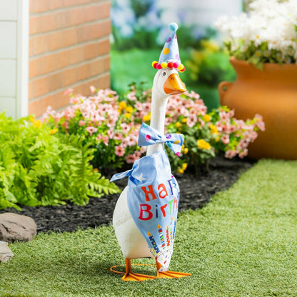 Giddy The Goose, Metal Porch Statue With Blue Birthday Outfit, 21"H | Plow & Hearth