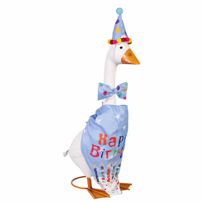 Giddy The Goose, Metal Porch Statue With Blue Birthday Outfit, 21"H | Plow & Hearth