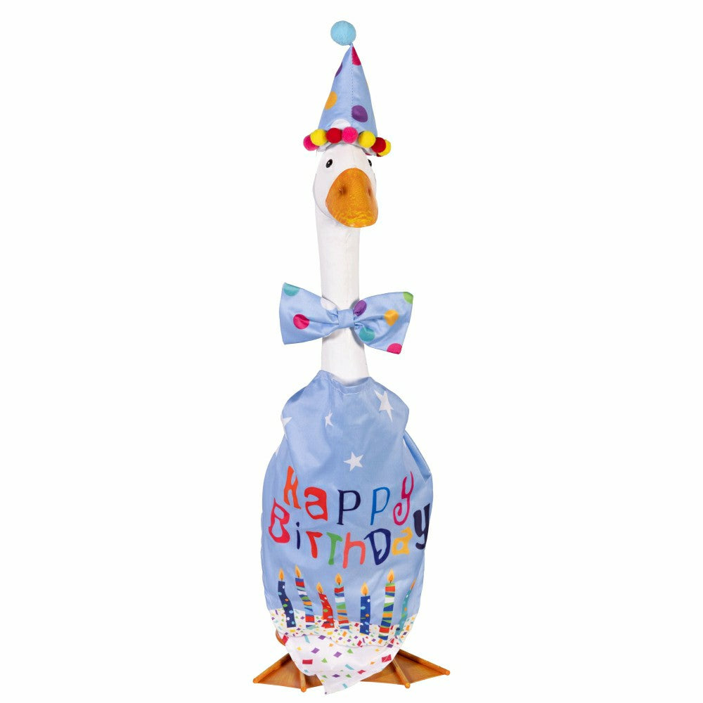 Giddy The Goose, Metal Porch Statue With Blue Birthday Outfit, 21"H | Plow & Hearth