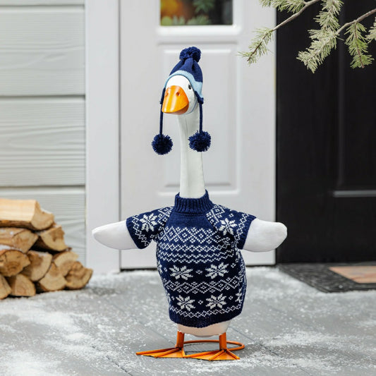 Giddy The Goose, Metal Porch Statue With Winter Sweater Outfit, 21"H | Plow & Hearth