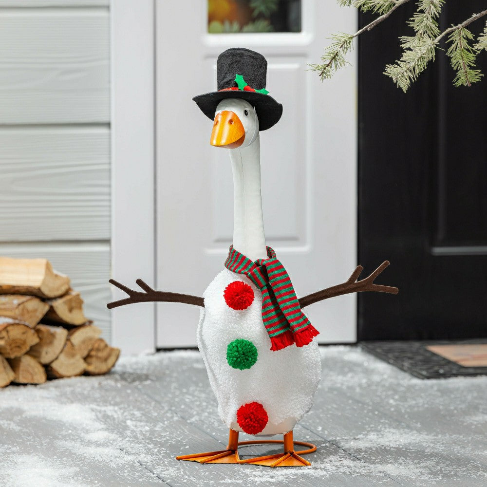 Giddy The Goose, Metal Porch Statue With Snowman Outfit, 21"H | Plow & Hearth