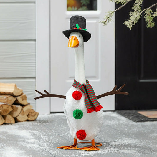 Giddy The Goose, Metal Porch Statue With Snowman Outfit, 21"H | Plow & Hearth