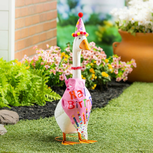 Giddy The Goose, Metal Porch Statue With Pink Birthday Outfit, 21"H | Plow & Hearth