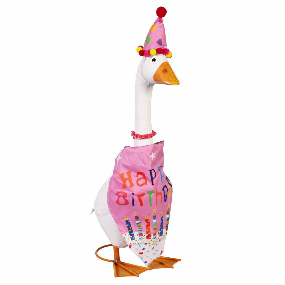 Giddy The Goose, Metal Porch Statue With Pink Birthday Outfit, 21"H | Plow & Hearth
