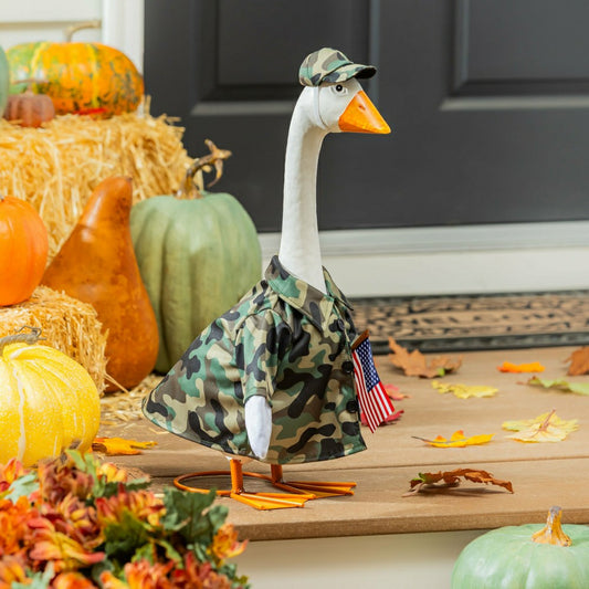 Giddy The Goose, Metal Porch Statue With Military Camo Outfit, 21"H | Plow & Hearth