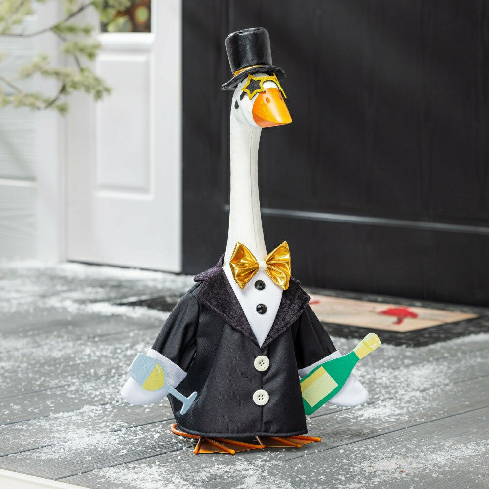 Giddy The Goose, Metal Porch Statue With Happy New Years Tux Outfit, 21"H | Plow & Hearth
