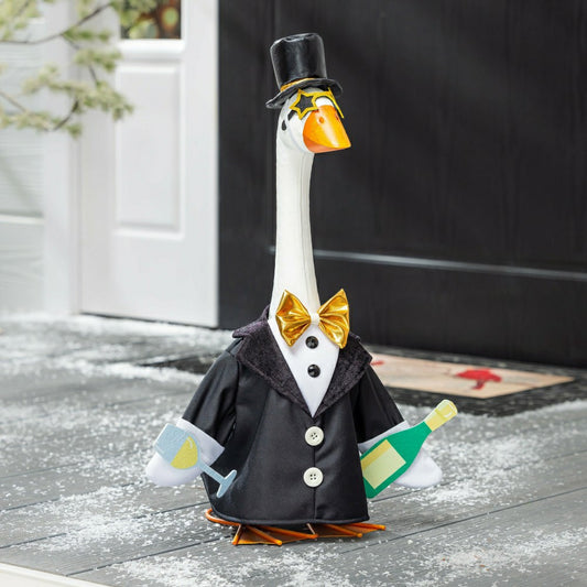 Giddy The Goose, Metal Porch Statue With Happy New Years Tux Outfit, 21"H | Plow & Hearth