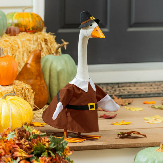 Giddy The Goose, Metal Porch Statue With Pilgrim Boy Outfit, 21"H | Plow & Hearth