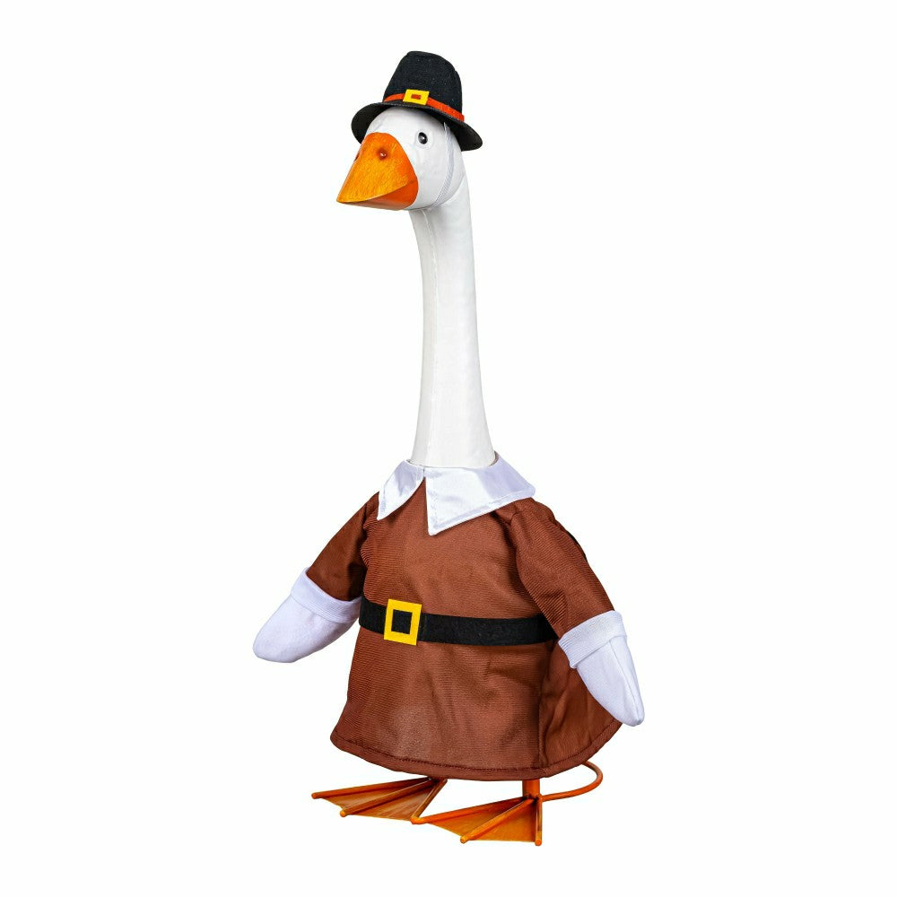 Giddy The Goose, Metal Porch Statue With Pilgrim Boy Outfit, 21"H | Plow & Hearth