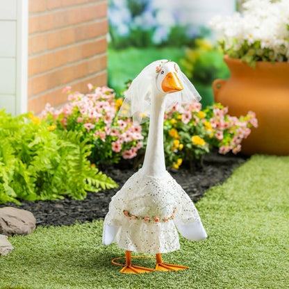 Giddy The Goose, Metal Porch Statue With Wedding Dress Outfit, 21"H | Plow & Hearth