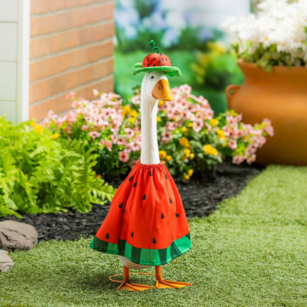 Giddy The Goose, Metal Porch Statue With Watermelon Outfit, 21"H | Plow & Hearth