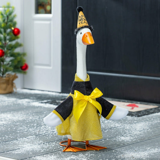 Giddy The Goose, Metal Porch Statue With Happy New Years Dress Outfit, 21"H | Plow & Hearth