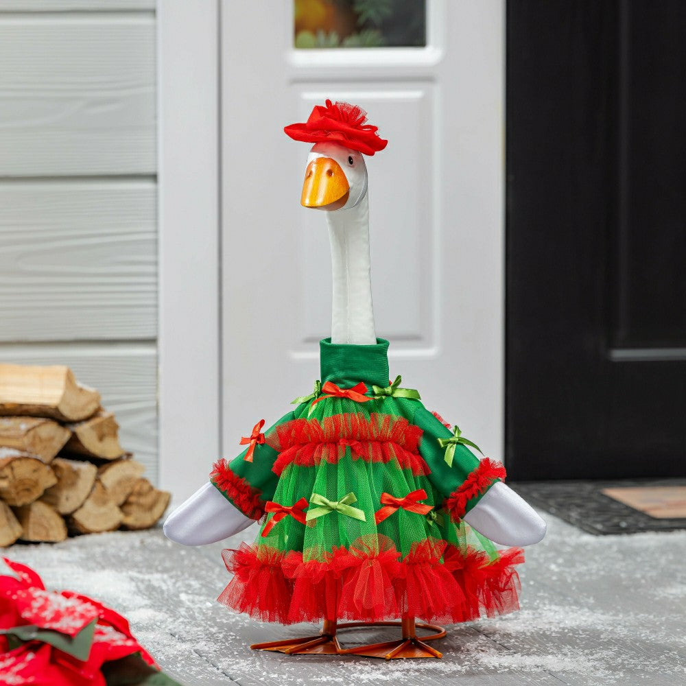 Giddy The Goose, Metal Porch Statue With Holiday Red and Green Outfit, 21"H | Plow & Hearth