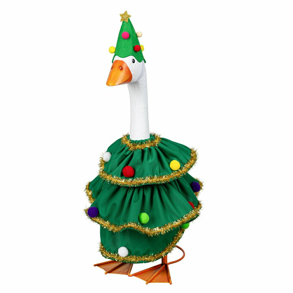 Giddy The Goose, Metal Porch Statue With Christmas Green Ruffle Outfit | Plow & Hearth
