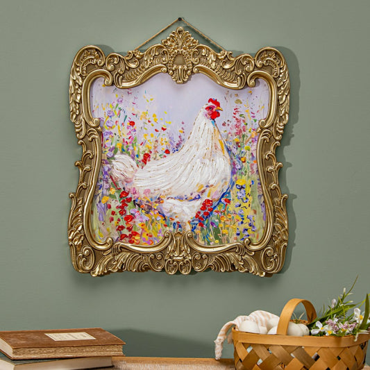 Petal & Plow Indoor Wall Decor, Wood, Chicken in Gold Decorative Frame | Plow & Hearth