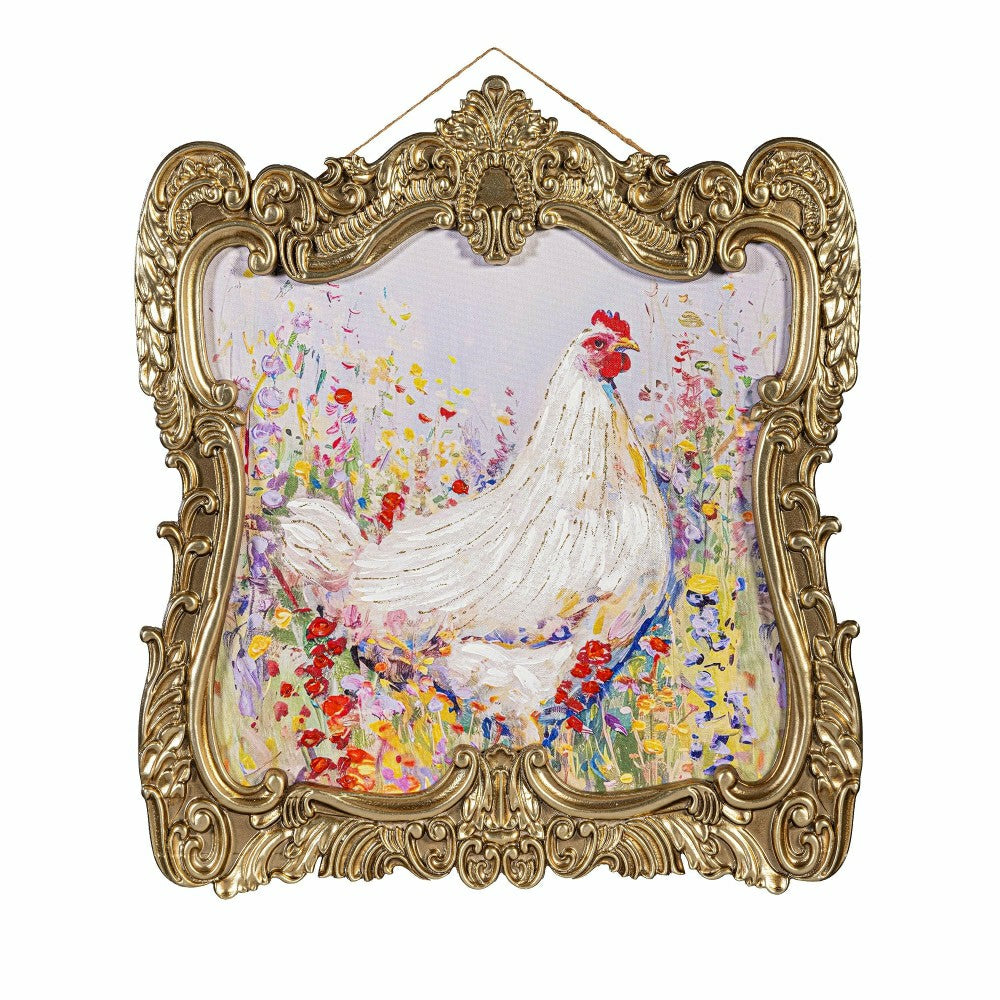 Petal & Plow Indoor Wall Decor, Wood, Chicken in Gold Decorative Frame | Plow & Hearth