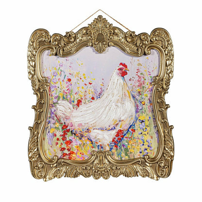 Petal & Plow Indoor Wall Decor, Wood, Chicken in Gold Decorative Frame | Plow & Hearth