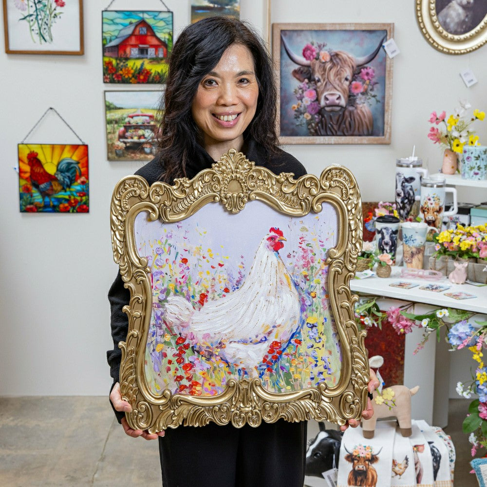 Petal & Plow Indoor Wall Decor, Wood, Chicken in Gold Decorative Frame | Plow & Hearth
