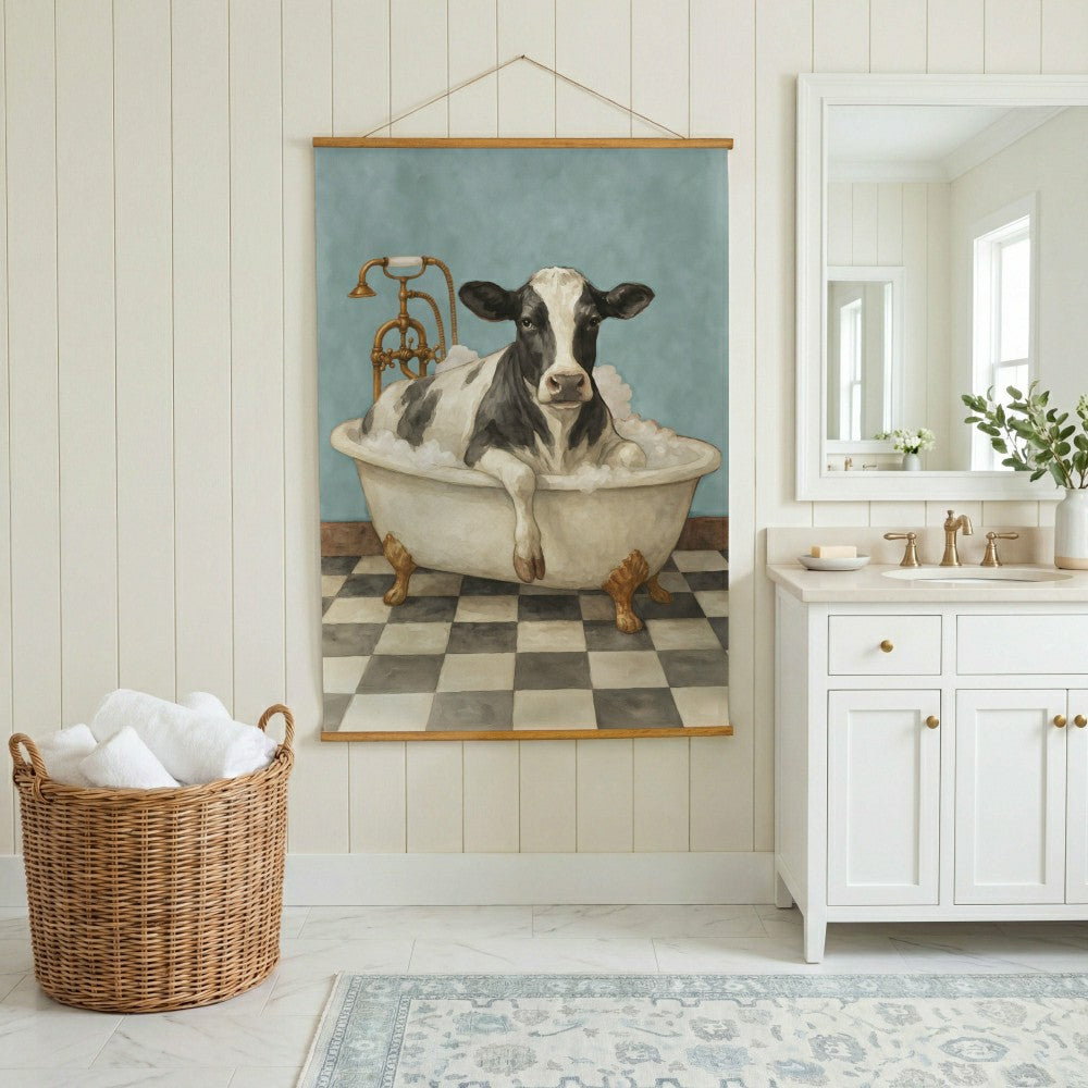 Hillside Pasture Indoor Wall Décor Canvas Tapestry, Cow in a Tub | Plow & Hearth