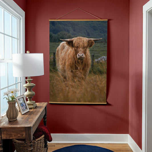 Hillside Pasture Indoor Wall Décor Canvas Tapestry, Highland Cow in Fi | Plow & Hearth