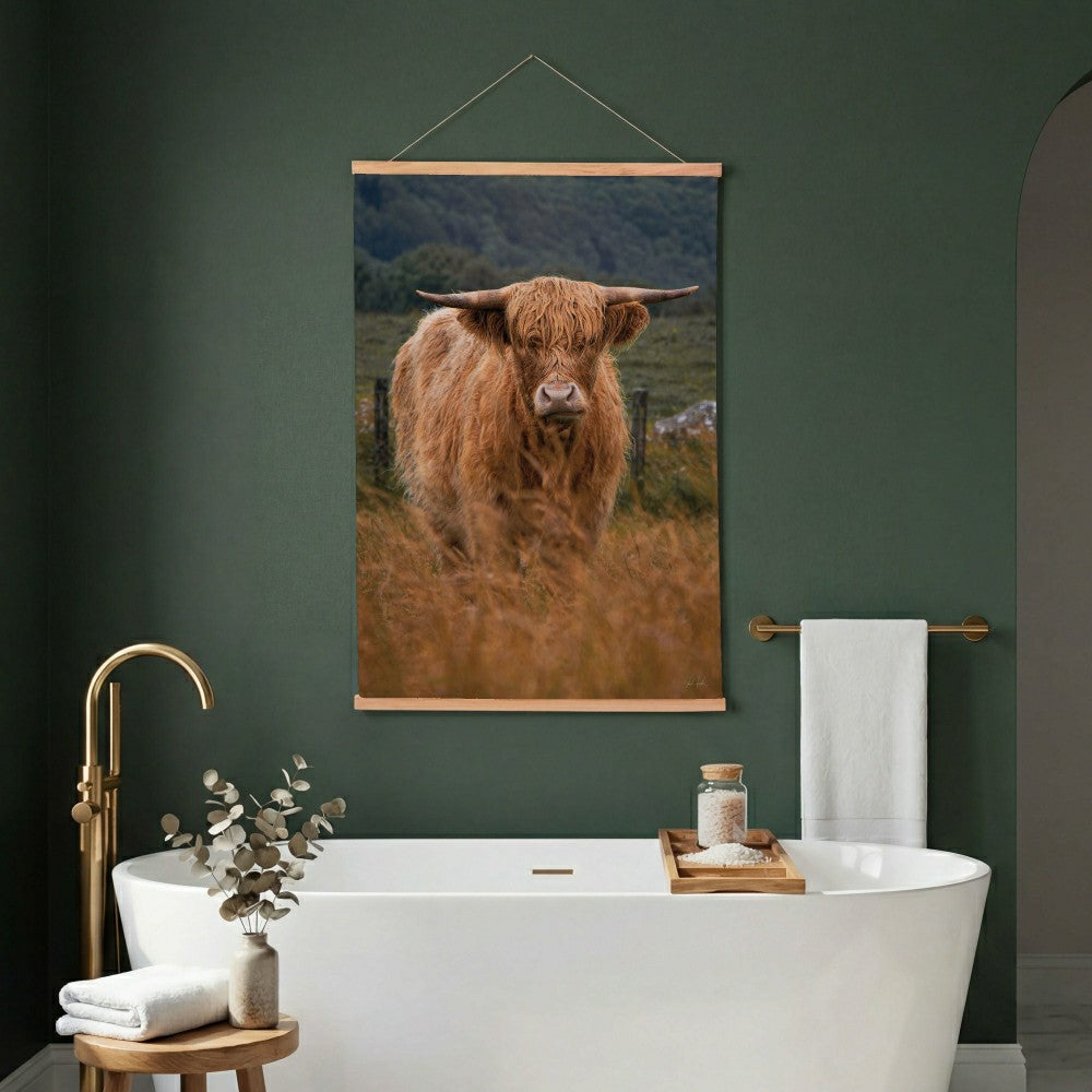 Hillside Pasture Indoor Wall Décor Canvas Tapestry, Highland Cow in Fi | Plow & Hearth
