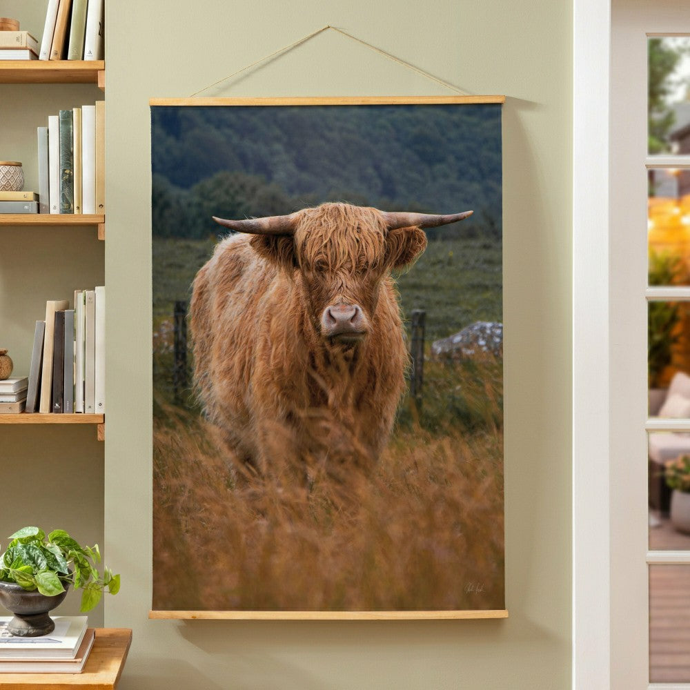 Hillside Pasture Indoor Wall Décor Canvas Tapestry, Highland Cow in Fi | Plow & Hearth