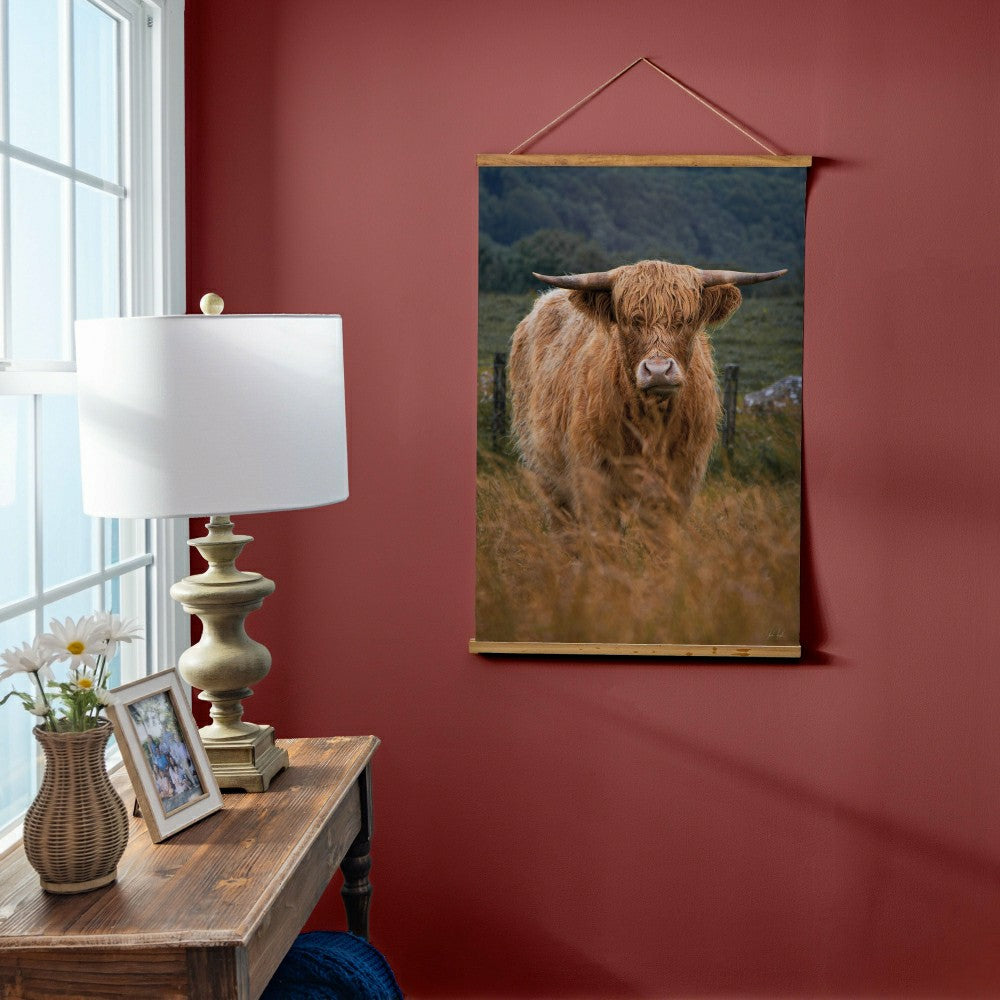 Hillside Pasture Indoor Wall Décor Canvas Tapestry, Highland Cow in Fi | Plow & Hearth