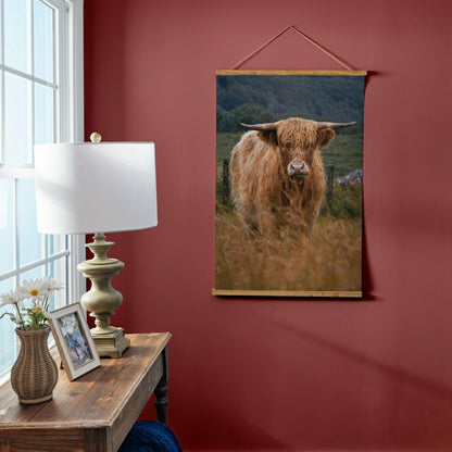 Hillside Pasture Indoor Wall Décor Canvas Tapestry, Highland Cow in Fi | Plow & Hearth