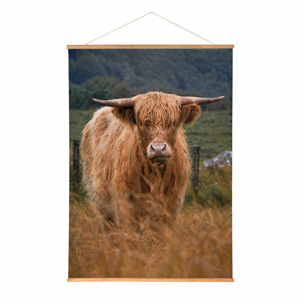 Hillside Pasture Indoor Wall Décor Canvas Tapestry, Highland Cow in Fi | Plow & Hearth