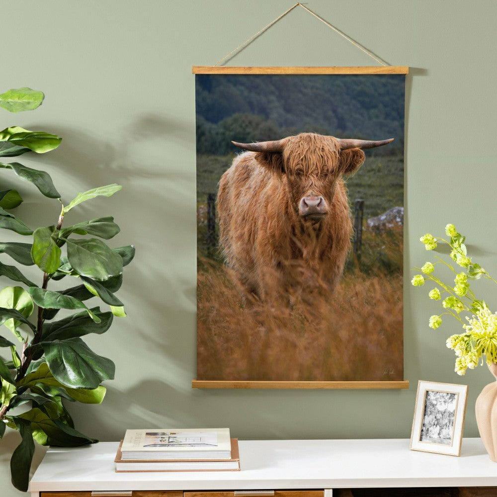 Hillside Pasture Indoor Wall Décor Canvas Tapestry, Highland Cow in Fi | Plow & Hearth