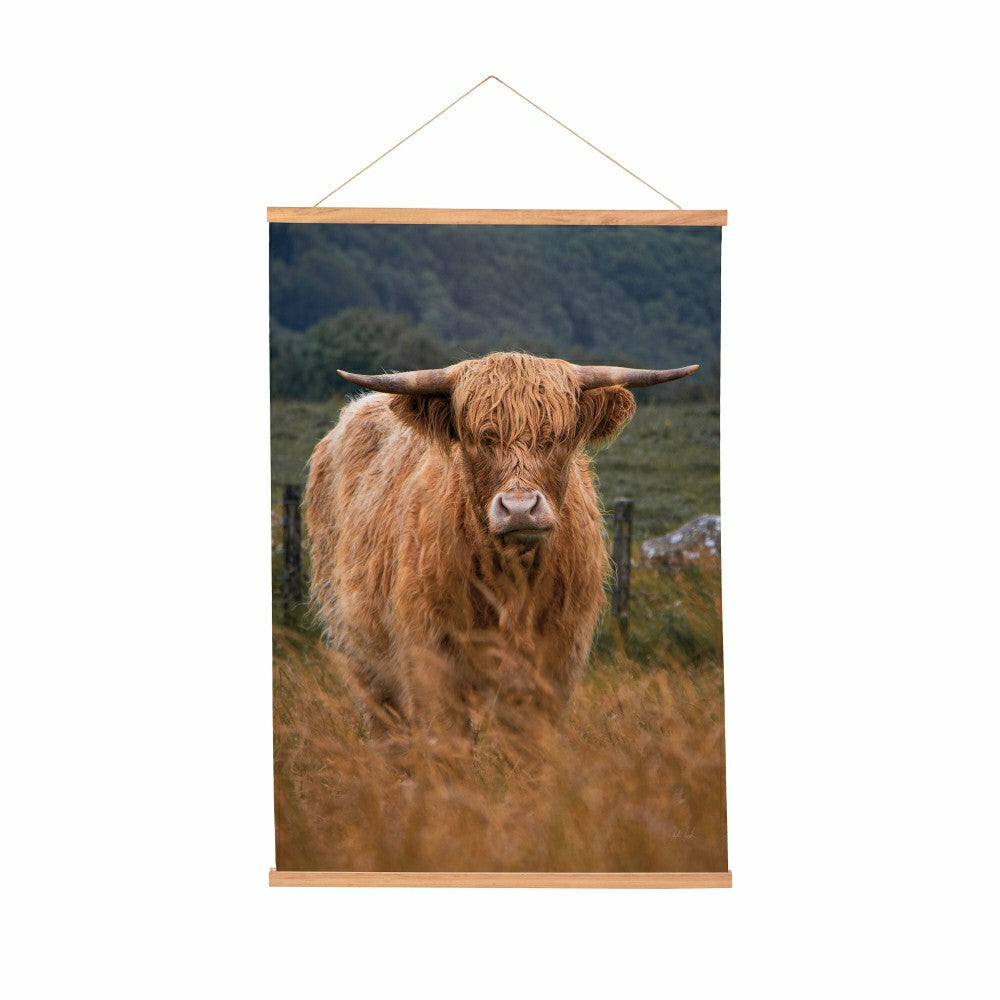 Hillside Pasture Indoor Wall Décor Canvas Tapestry, Highland Cow in Fi | Plow & Hearth