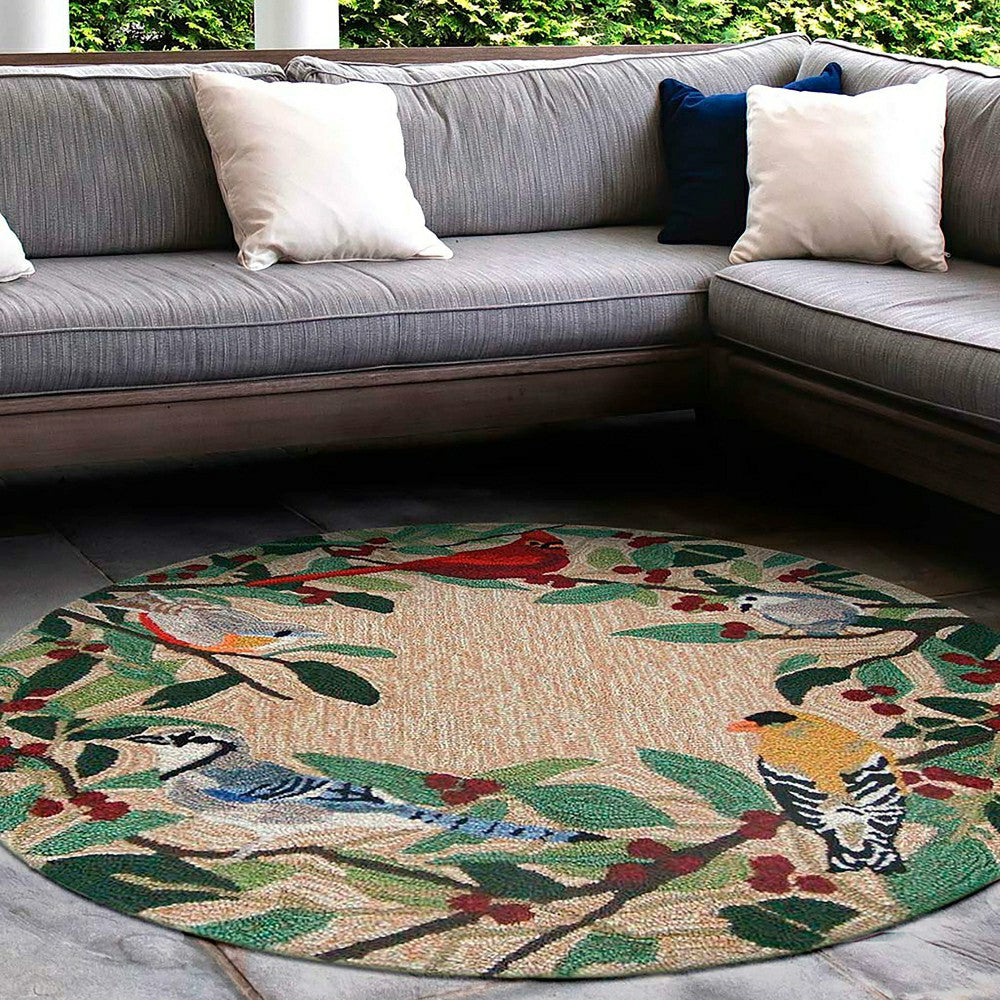 Indoor/Outdoor Synthetic Blend Birds Border Rug, 36" Round | Plow & Hearth