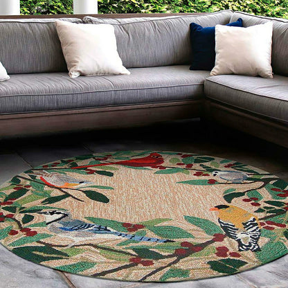 Indoor/Outdoor Synthetic Blend Birds Border Rug, 36" Round | Plow & Hearth